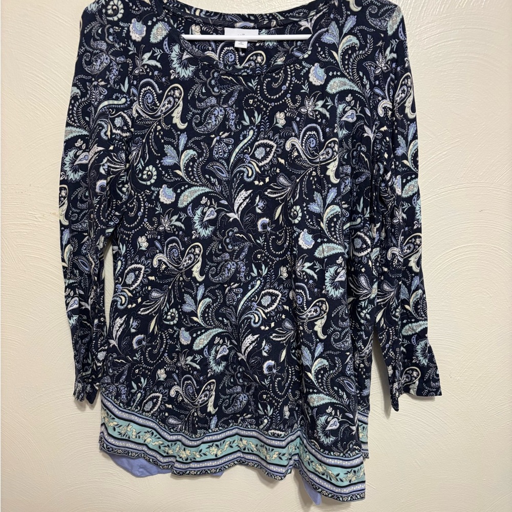 J.Jill Petite Medium Navy Blue Paisley Tunic Top 3/4 Sleeve Soft Cotton Modal - Picture 2 of 9